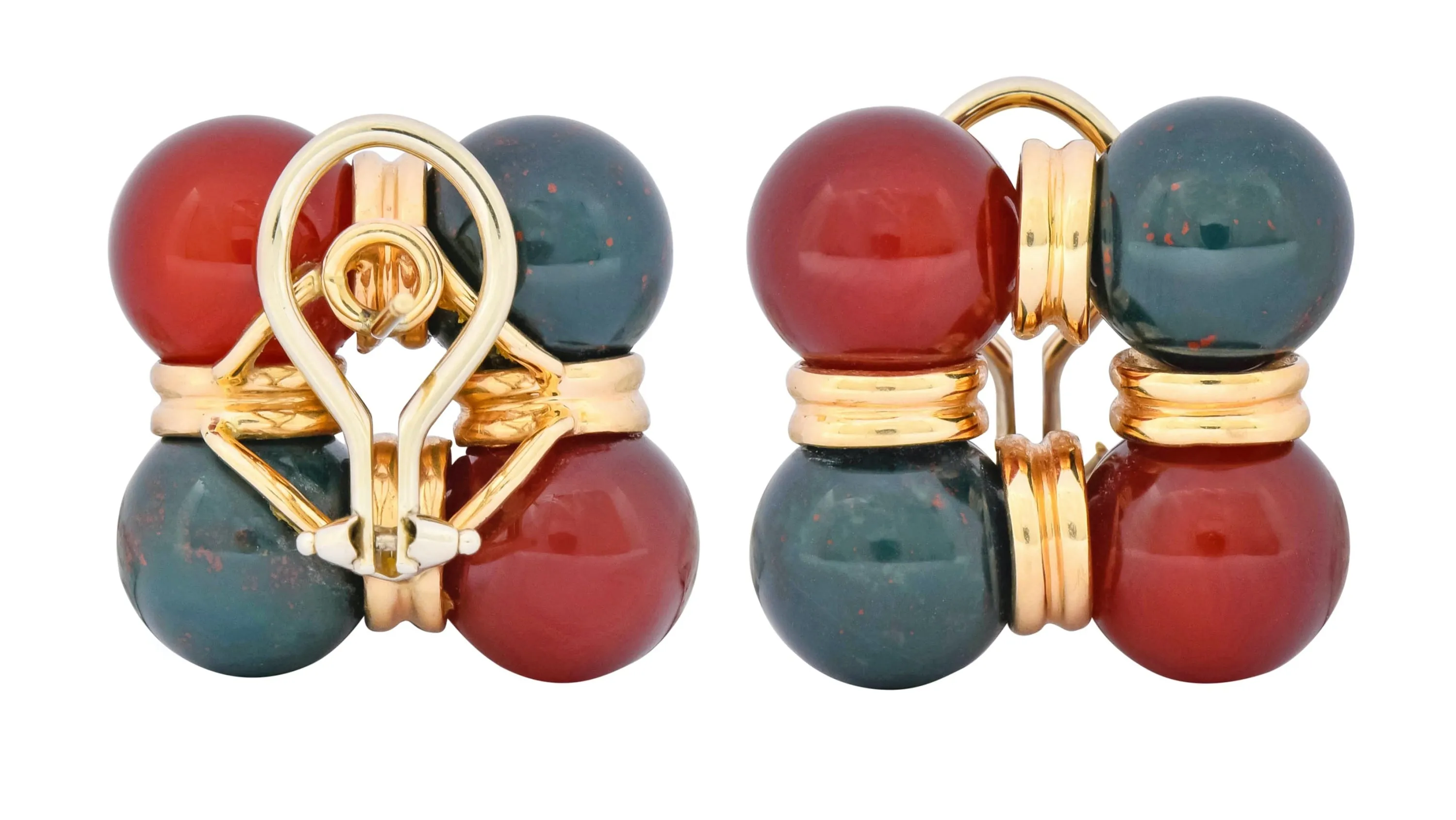 Vintage Carnelian Bloodstone 14 Karat Gold Square Ball Earrings Circa 1980s