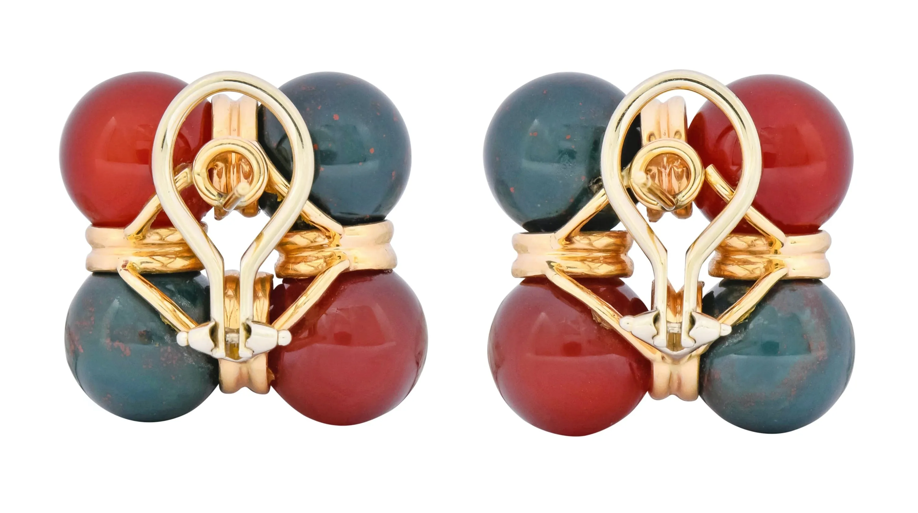 Vintage Carnelian Bloodstone 14 Karat Gold Square Ball Earrings Circa 1980s