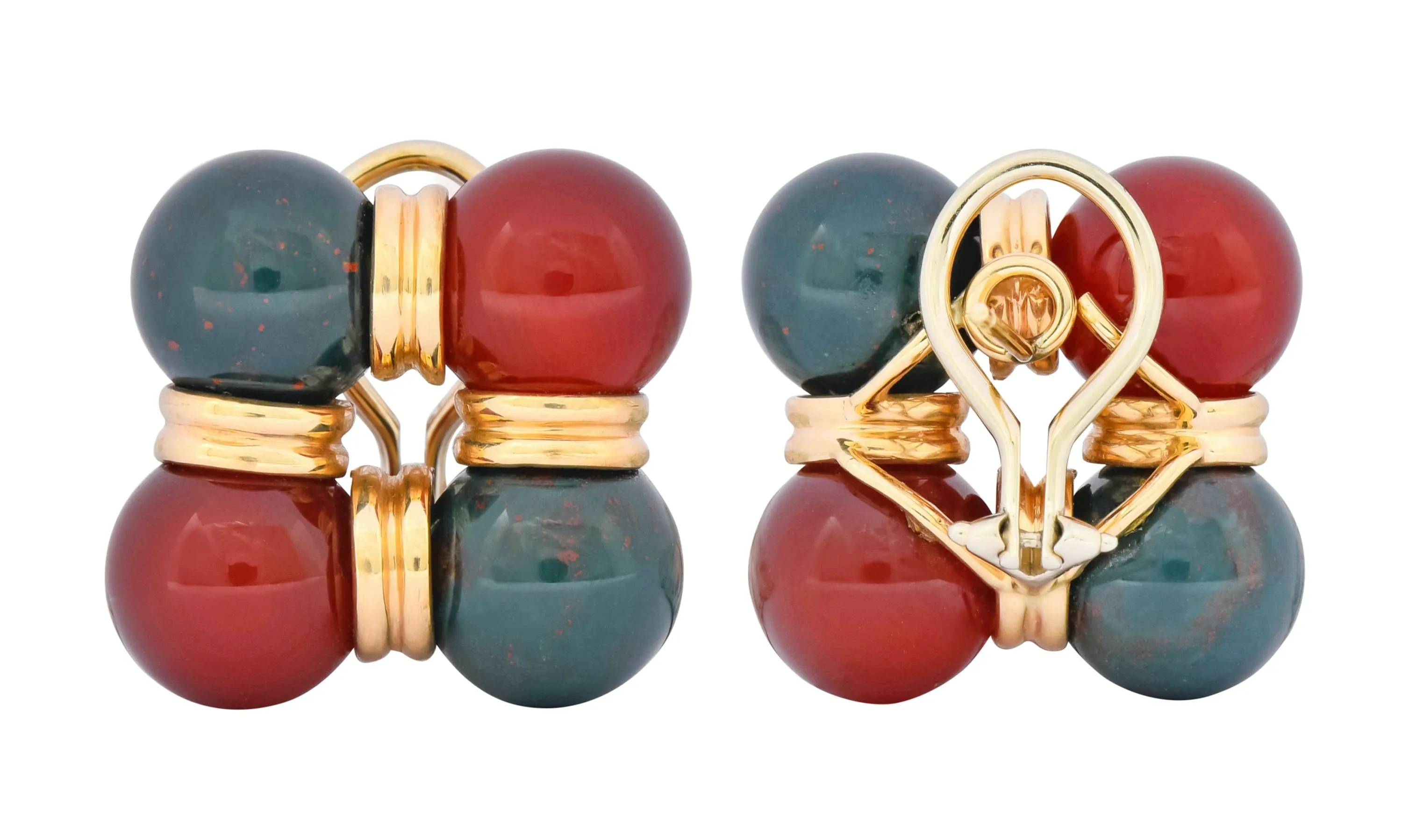 Vintage Carnelian Bloodstone 14 Karat Gold Square Ball Earrings Circa 1980s