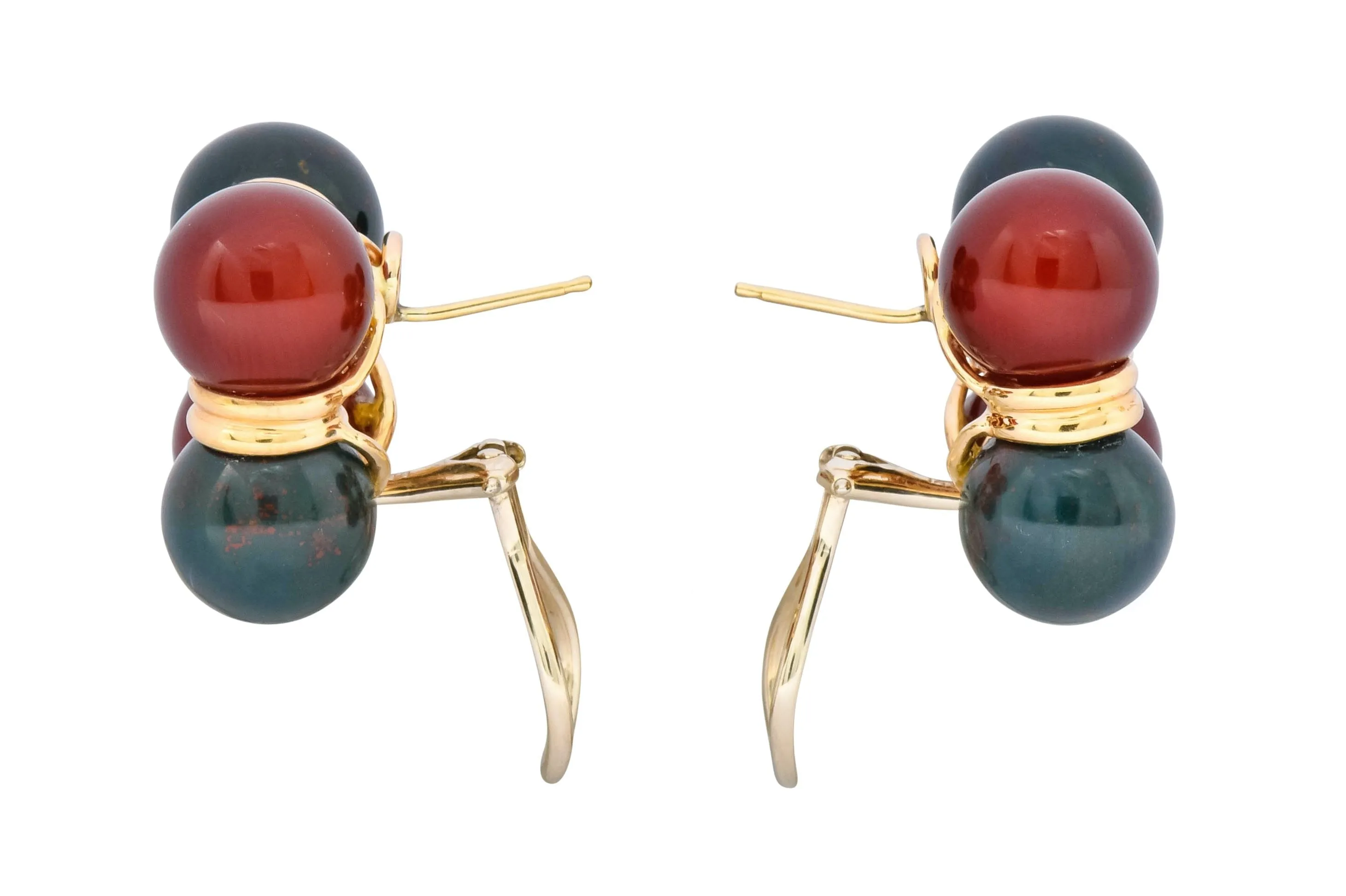 Vintage Carnelian Bloodstone 14 Karat Gold Square Ball Earrings Circa 1980s