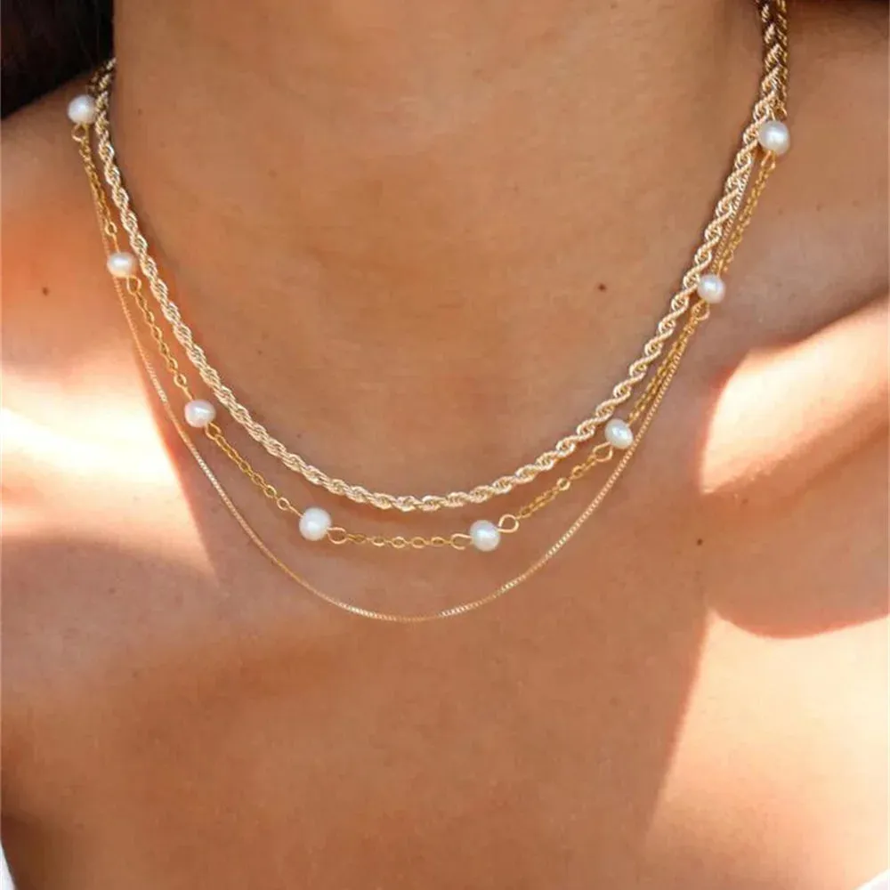 Vintage Geometric Exaggerated Artificial Pearl Chain Necklaces