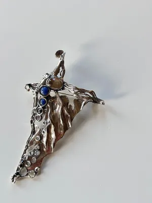 Vintage Modernist Sterling Silver Multicolor Stone Large Pin Brooch by Porans