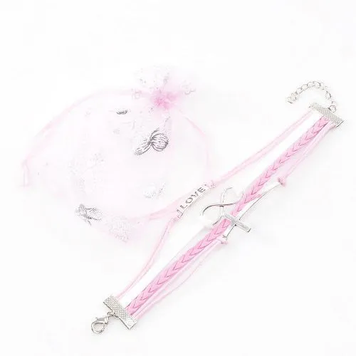 Wax Rope Braiding Bracelet Pink & White Antique Silver Cross & Infinity Symbol Findings "Love" Carved 20cm(7 7/8")long
