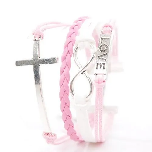Wax Rope Braiding Bracelet Pink & White Antique Silver Cross & Infinity Symbol Findings "Love" Carved 20cm(7 7/8")long