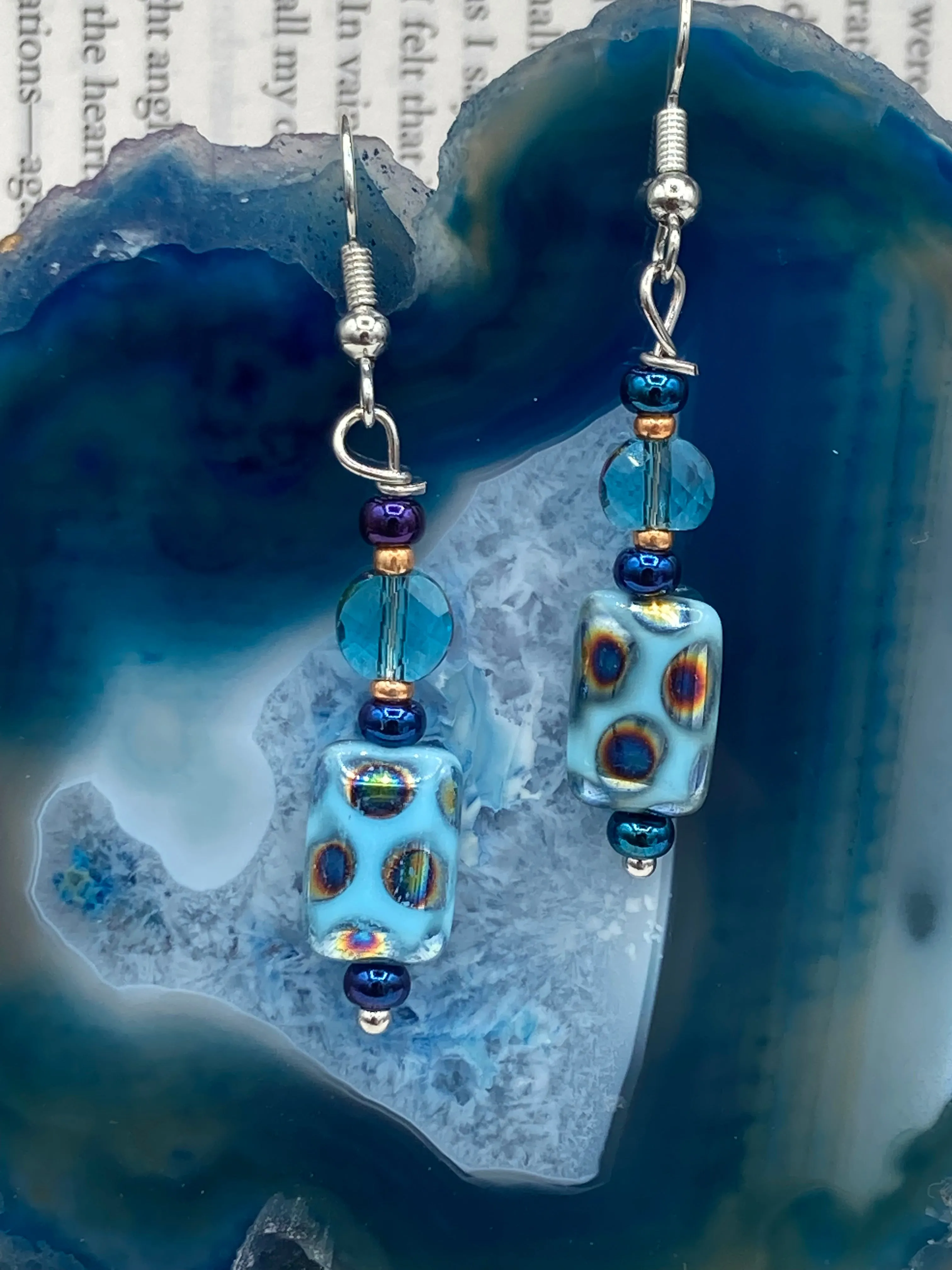 Whimsical Galaxy And Cosmos Blue Purple Glass Beaded Earrings, Shabby Boho Chic, Nature Inspired, Bohemian