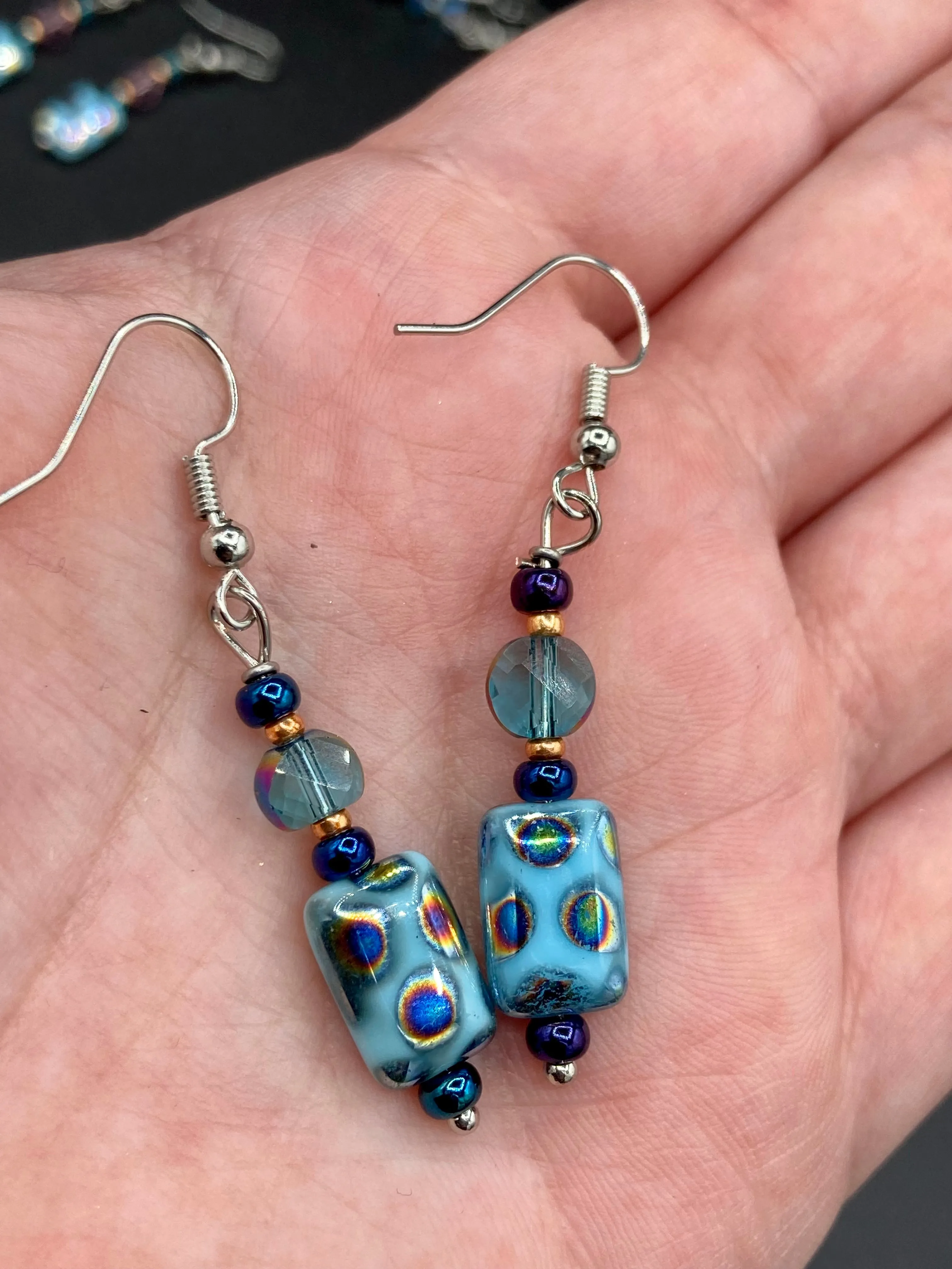 Whimsical Galaxy And Cosmos Blue Purple Glass Beaded Earrings, Shabby Boho Chic, Nature Inspired, Bohemian