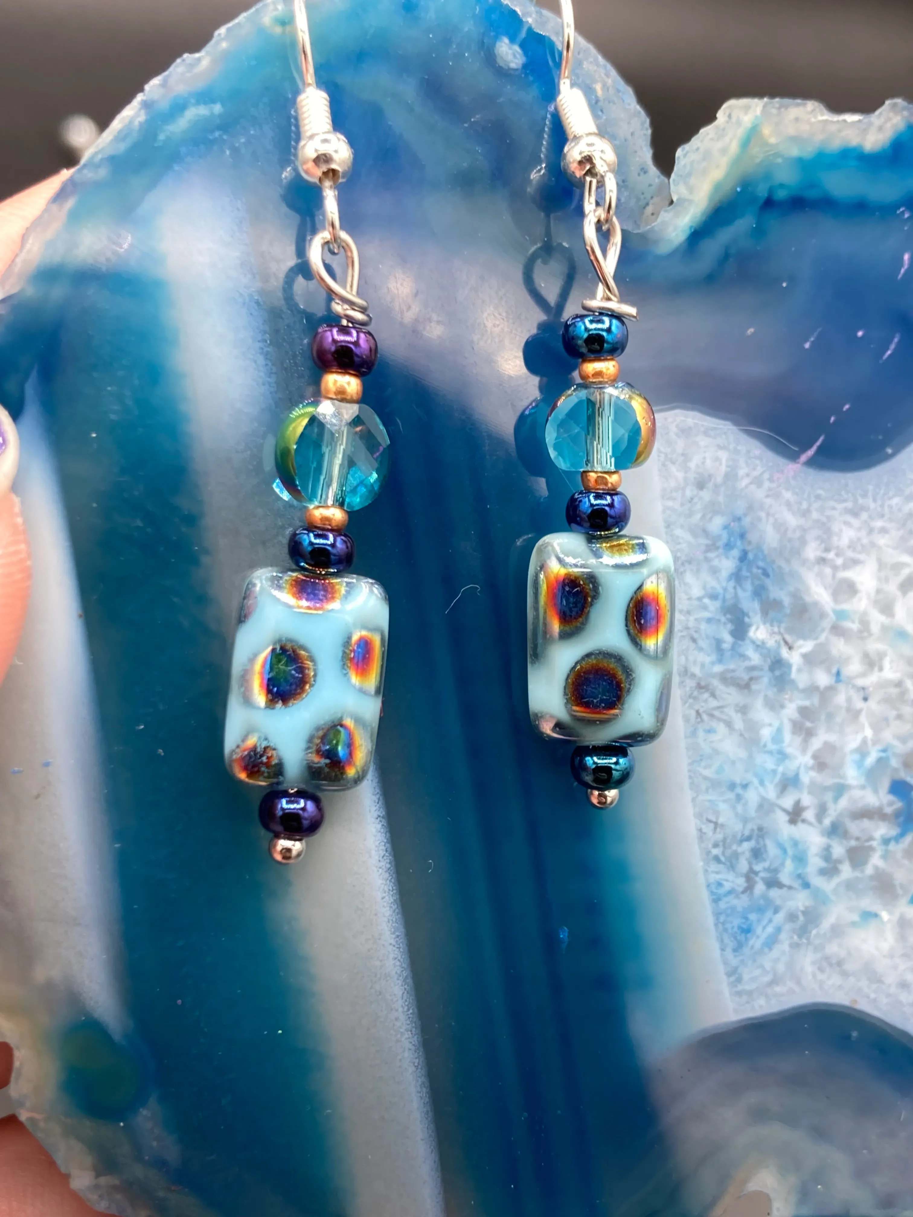 Whimsical Galaxy And Cosmos Blue Purple Glass Beaded Earrings, Shabby Boho Chic, Nature Inspired, Bohemian