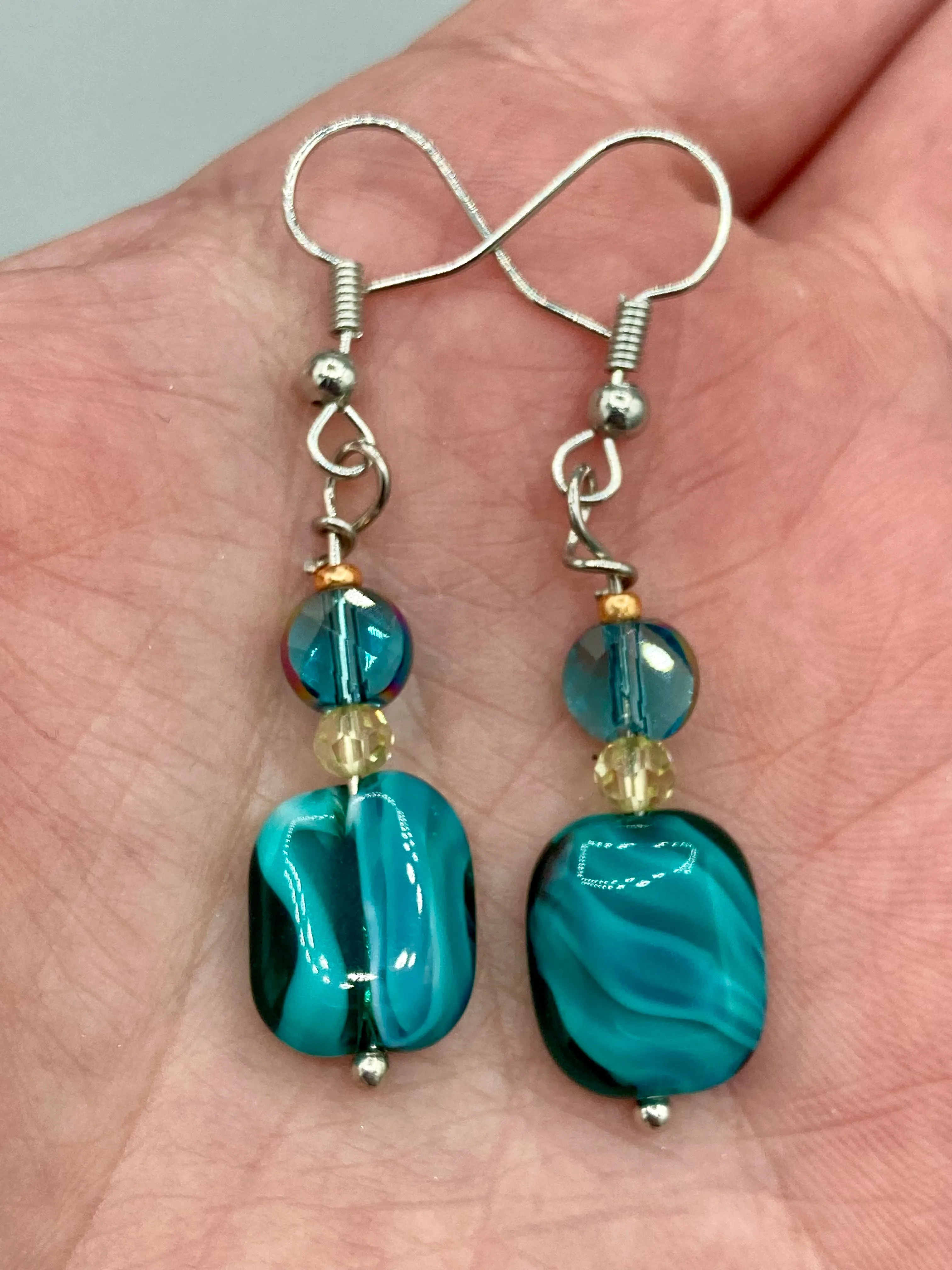 Whimsical Teal Blue-Purple Glass Beaded Earrings, Shabby Boho Chic, Nature Inspired, Bohemian