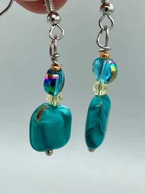 Whimsical Teal Blue-Purple Glass Beaded Earrings, Shabby Boho Chic, Nature Inspired, Bohemian