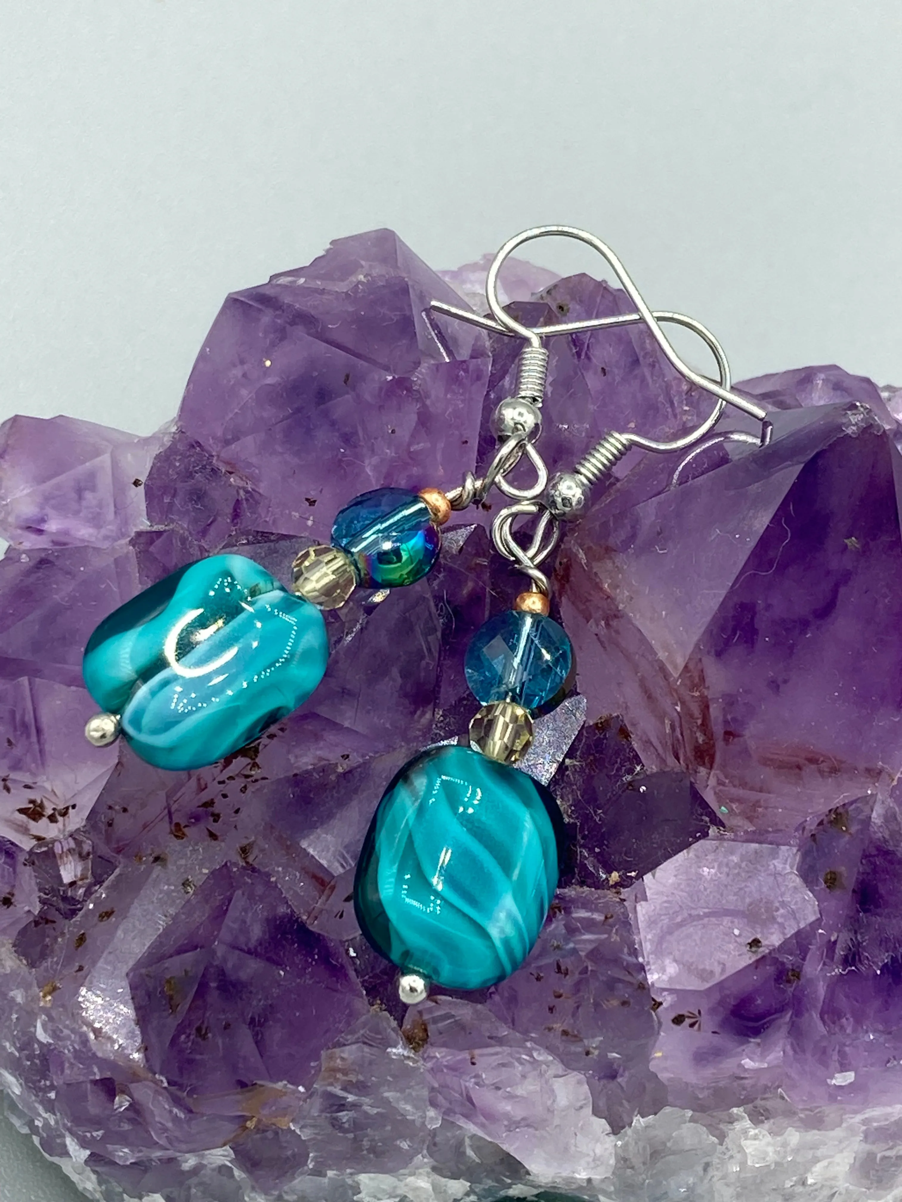 Whimsical Teal Blue-Purple Glass Beaded Earrings, Shabby Boho Chic, Nature Inspired, Bohemian