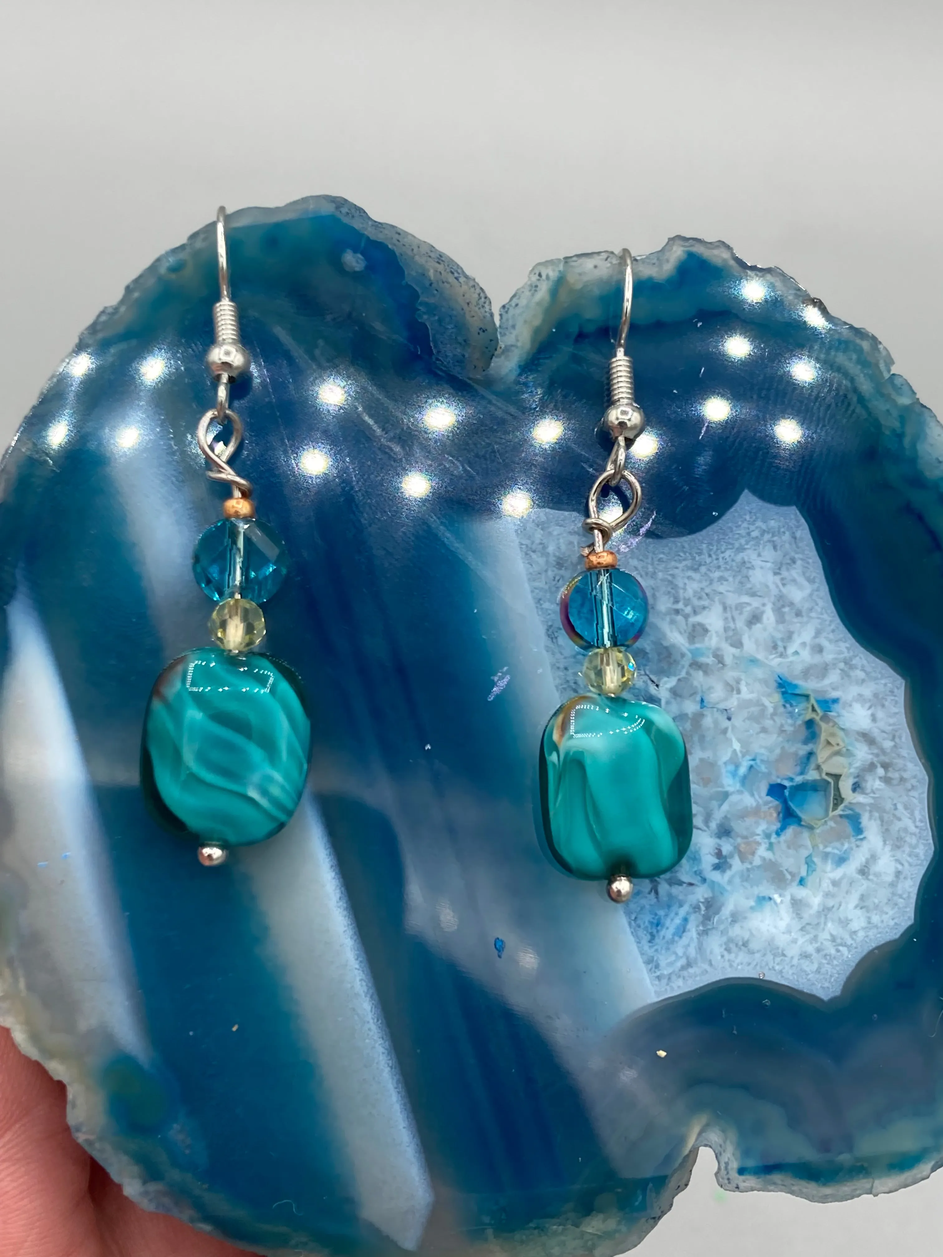Whimsical Teal Blue-Purple Glass Beaded Earrings, Shabby Boho Chic, Nature Inspired, Bohemian