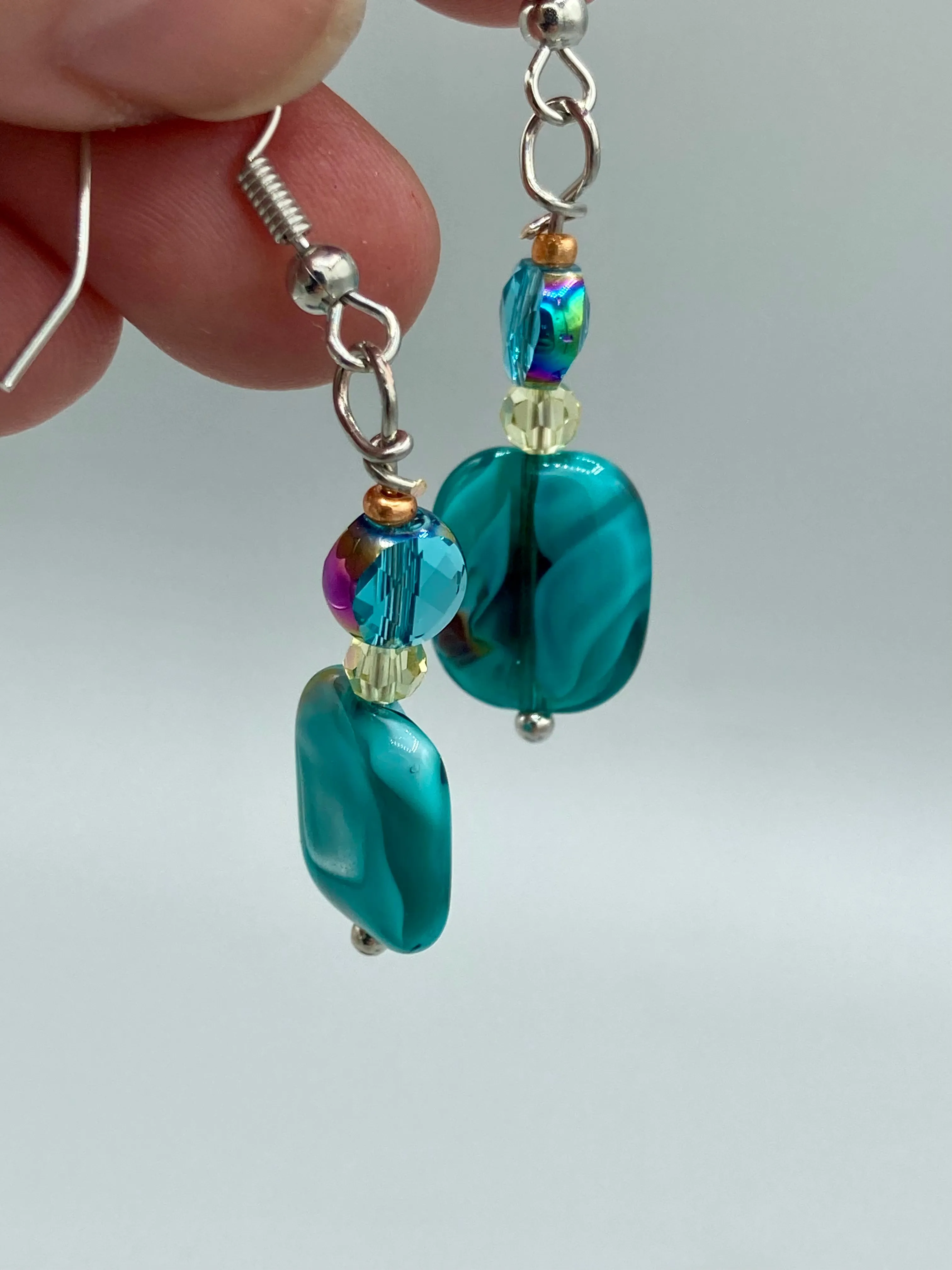 Whimsical Teal Blue-Purple Glass Beaded Earrings, Shabby Boho Chic, Nature Inspired, Bohemian