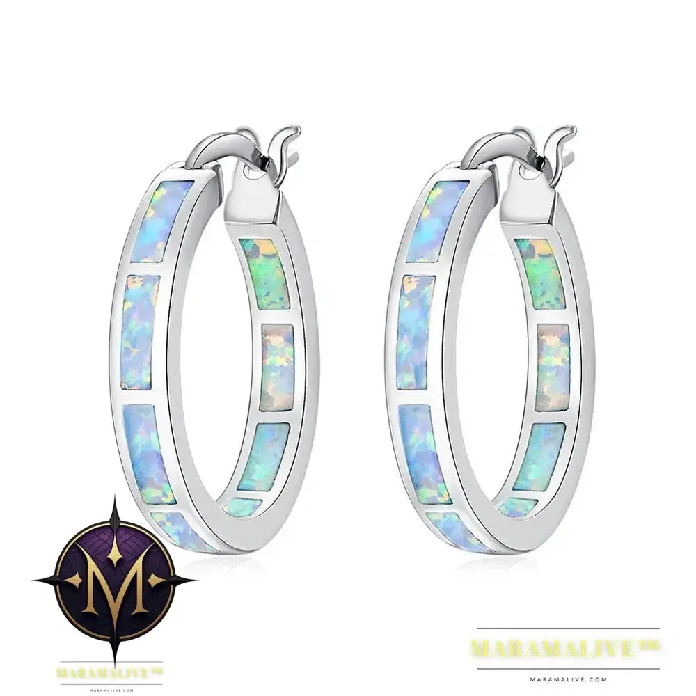 White Fire Opal Hoop Earrings With Stone Silver Plated Small Round Circle Chic Summer Punk Jewelry Best Gifts for Woman