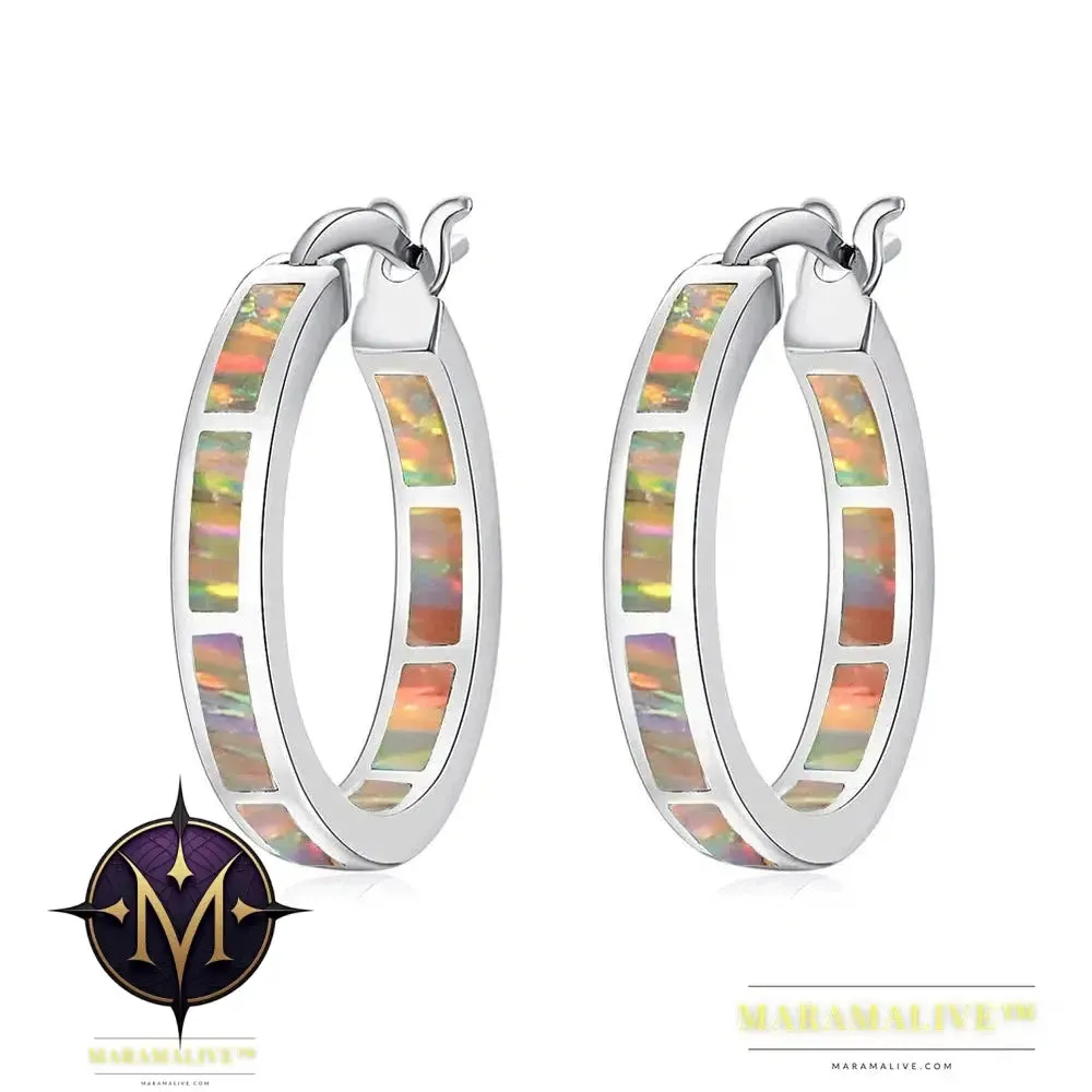 White Fire Opal Hoop Earrings With Stone Silver Plated Small Round Circle Chic Summer Punk Jewelry Best Gifts for Woman