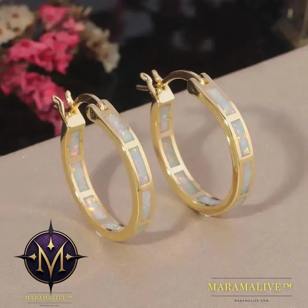 White Fire Opal Hoop Earrings With Stone Silver Plated Small Round Circle Chic Summer Punk Jewelry Best Gifts for Woman