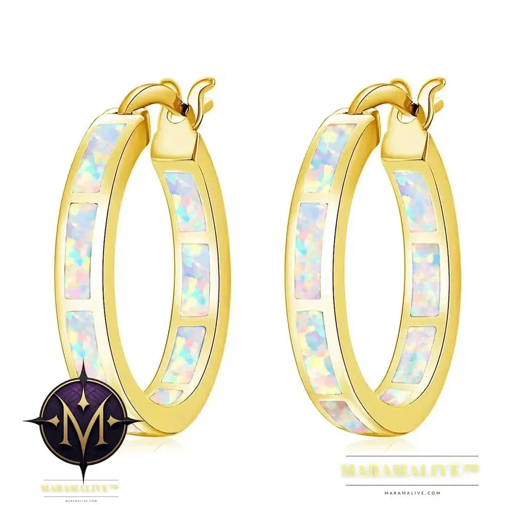 White Fire Opal Hoop Earrings With Stone Silver Plated Small Round Circle Chic Summer Punk Jewelry Best Gifts for Woman