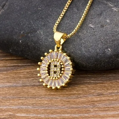 Women Girls Initial Letter Necklace 26 Letters Charm Gold Name Necklace Pendant. Copper Zircon Jewelry.
