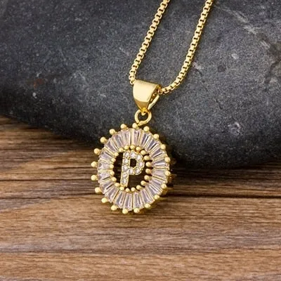 Women Girls Initial Letter Necklace 26 Letters Charm Gold Name Necklace Pendant. Copper Zircon Jewelry.