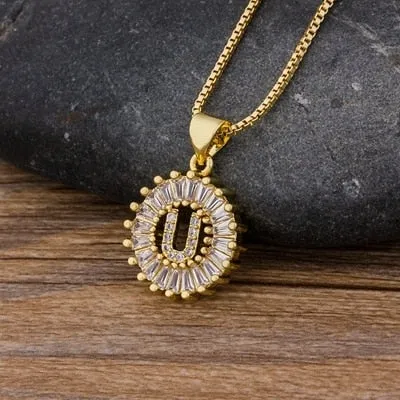 Women Girls Initial Letter Necklace 26 Letters Charm Gold Name Necklace Pendant. Copper Zircon Jewelry.