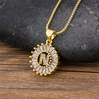 Women Girls Initial Letter Necklace 26 Letters Charm Gold Name Necklace Pendant. Copper Zircon Jewelry.