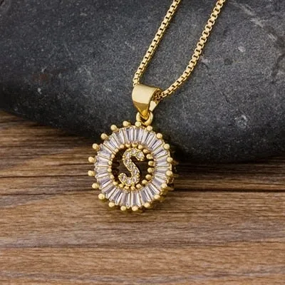 Women Girls Initial Letter Necklace 26 Letters Charm Gold Name Necklace Pendant. Copper Zircon Jewelry.