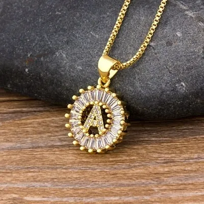 Women Girls Initial Letter Necklace 26 Letters Charm Gold Name Necklace Pendant. Copper Zircon Jewelry.