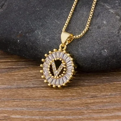 Women Girls Initial Letter Necklace 26 Letters Charm Gold Name Necklace Pendant. Copper Zircon Jewelry.