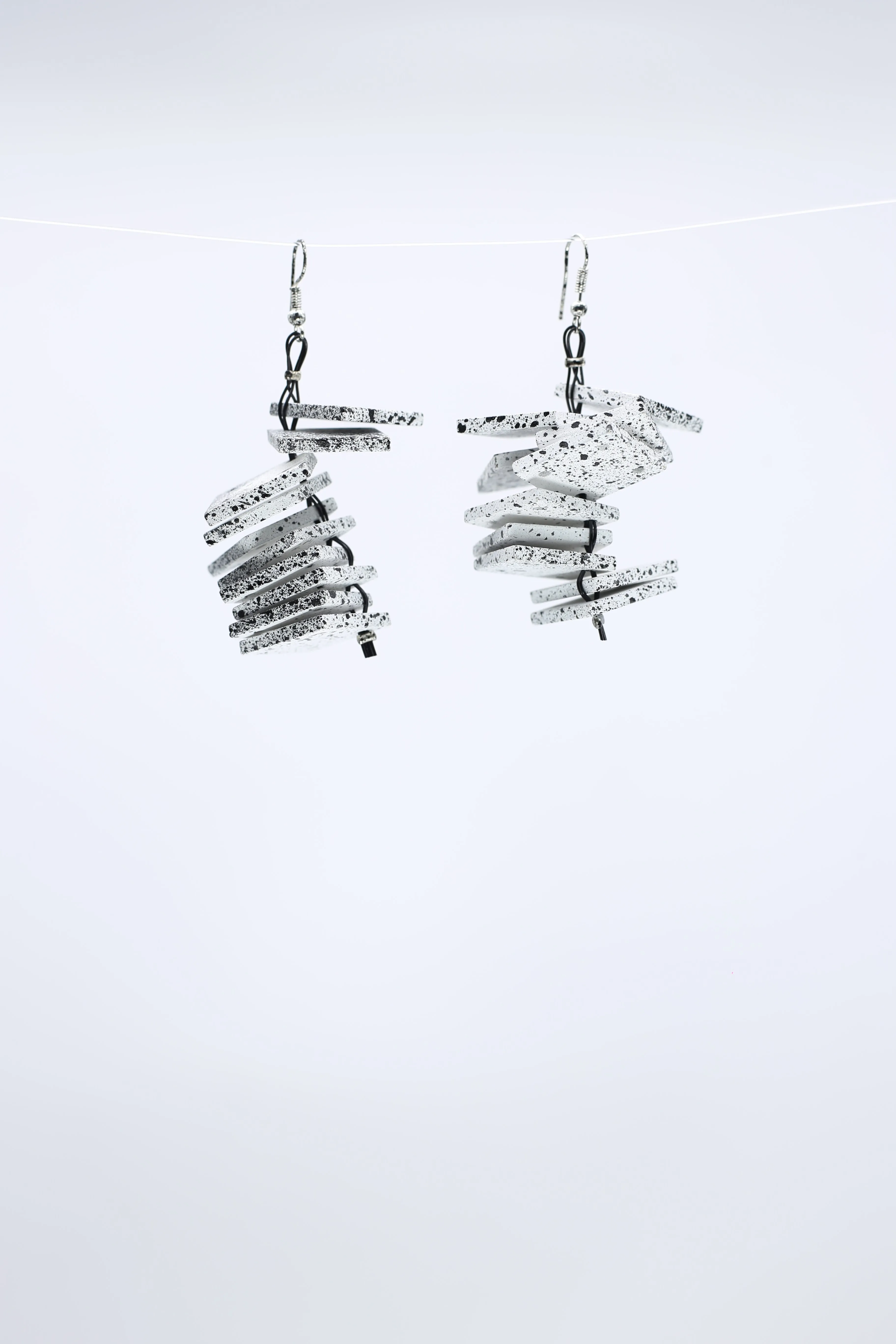 Wooden Square Slate Earrings - Hand-painted White/Black